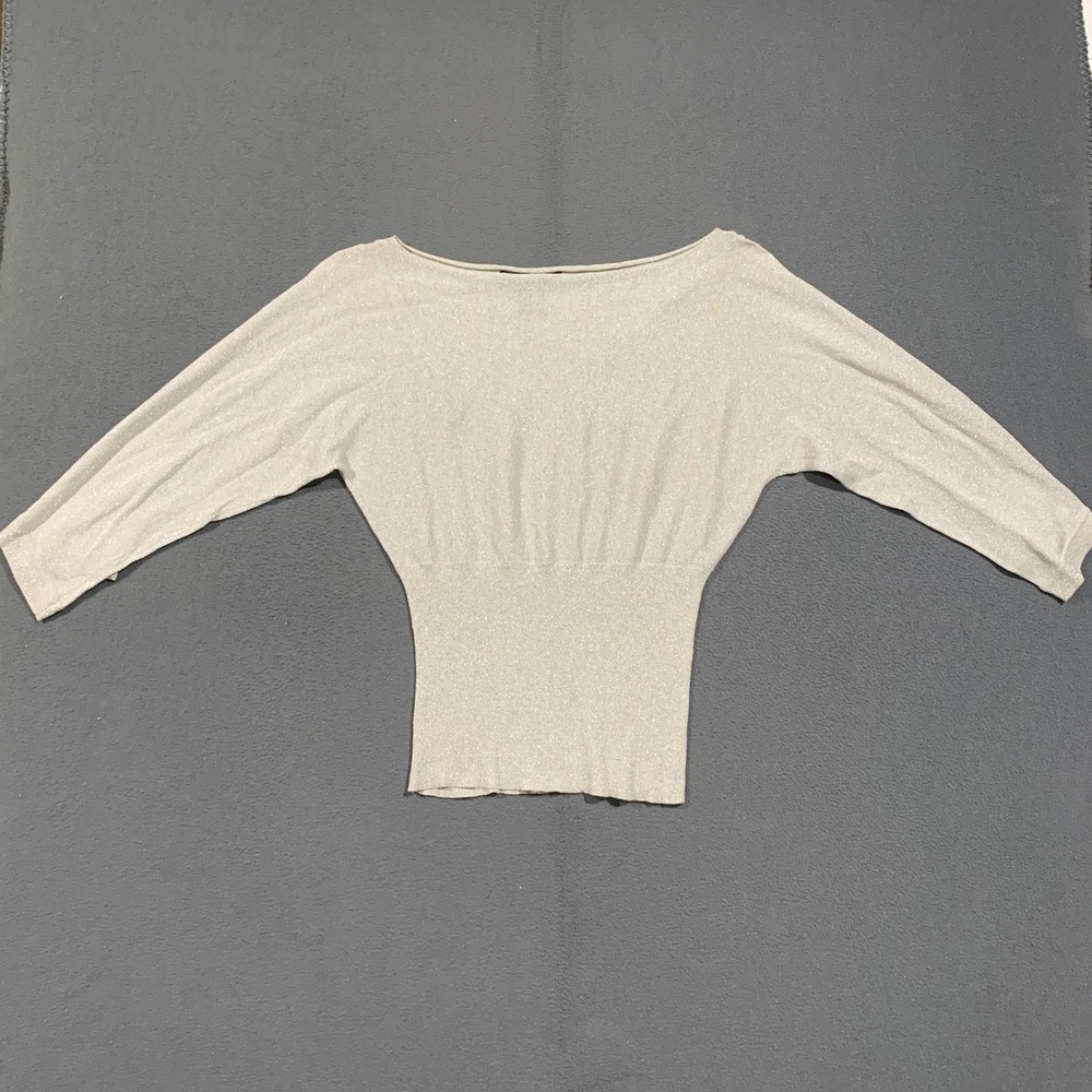 Larry Levine Knit Top Women Small Silver Silk Blend Metallic Boat Neck Shimmer